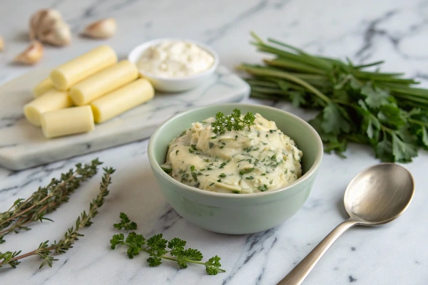 A bowl of herb butter with parsley, rosemary, thyme, and garlic on a marble countertop