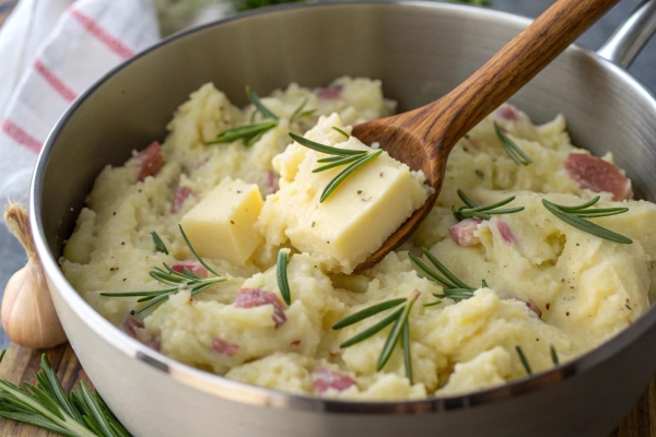 Step-by-step cooking process for Rosemary Mashed Potatoes Red - adding rosemary and butter