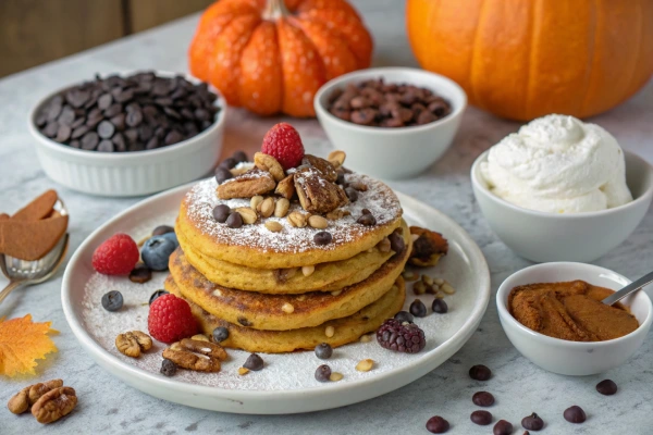 Creative toppings for pumpkin pancakes, including chocolate chips, nuts, whipped cream, and fresh berries