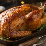 Golden roasted turkey basted with herb butter and garnished with vegetables and fresh herbs