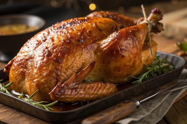 Golden roasted turkey basted with herb butter and garnished with vegetables and fresh herbs