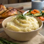 Rosemary Mashed Potatoes Red served with grilled chicken and steamed vegetables.