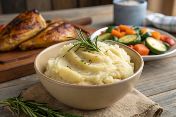 Rosemary Mashed Potatoes Red served with grilled chicken and steamed vegetables.