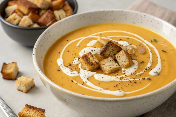 Creamy butternut squash soup with specks of peel, garnished with cream and croutons