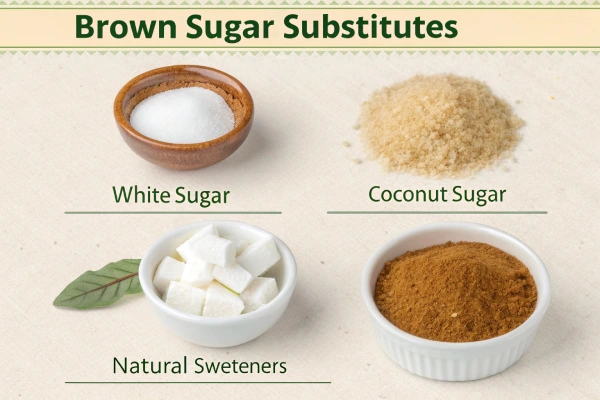 Brown sugar substitutes including white sugar with molasses, coconut sugar, and natural sweeteners.