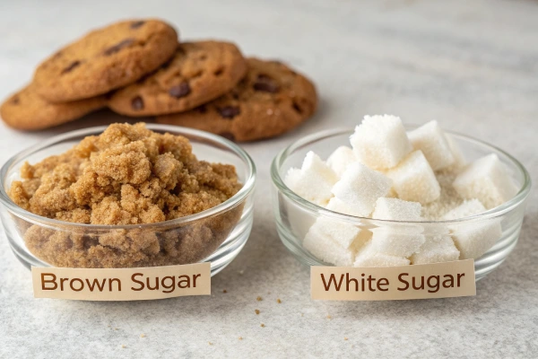 Brown sugar and white sugar comparison in bowls with cookies made using each