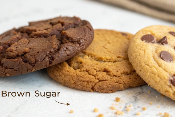 Cookies baked with brown sugar vs. without, showing differences in texture, color, and spread