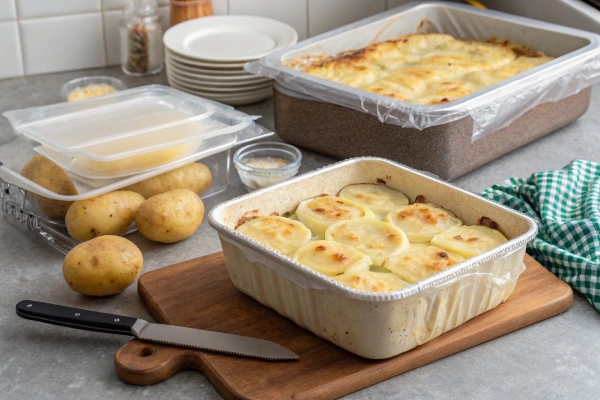 Scalloped potatoes being portioned for freezing with airtight containers and cling wrap.