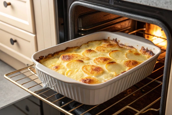 Frozen scalloped potatoes being reheated in the oven with a golden, bubbling top layer.