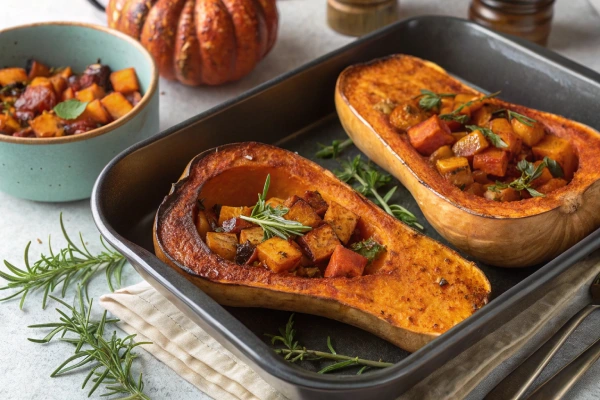 Roasted butternut squash halves with the peel intact, golden-brown and garnished with herbs