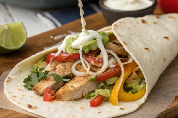 A fajita being assembled with grilled chicken, vegetables, cheese, and guacamole.