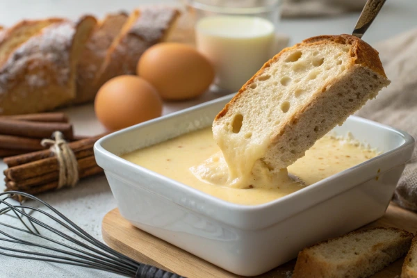 A thick slice of sourdough bread being dipped into a custard mixture of eggs, milk, and cinnamon.