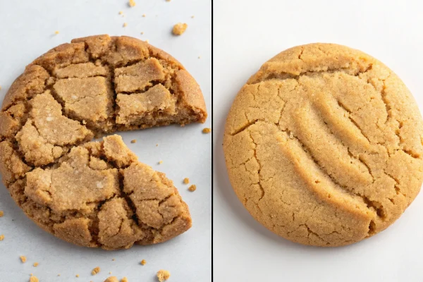 A side-by-side comparison of dry, crumbly peanut butter cookies vs. moist, soft ones