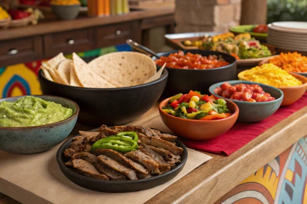 A fajita bar setup with toppings, grilled meats, and tortillas for a DIY meal