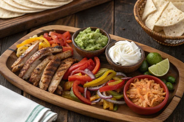 A wooden platter with grilled meats, vegetables, and classic fajita toppings