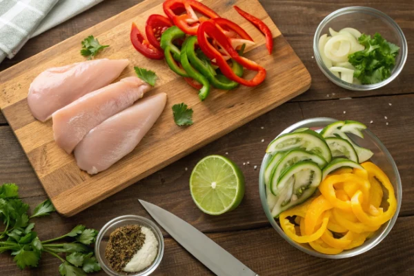 Raw chicken, sliced bell peppers, onions, and fajita seasoning arranged for making chicken fajitas.