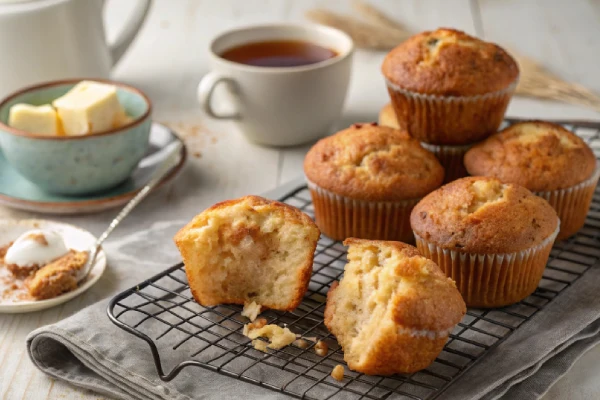 Freshly baked muffins cooling on a wire rack, showing their soft, moist texture inside