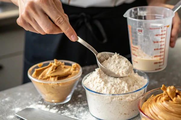 Properly measuring flour and peanut butter to avoid dry and crumbly cookies