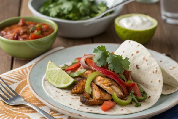 A warm tortilla filled with chicken fajitas, topped with fresh cilantro and lime