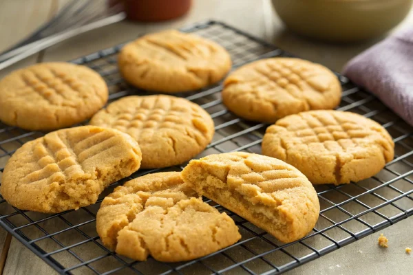 Freshly baked, soft peanut butter cookies cooling on a wire rack