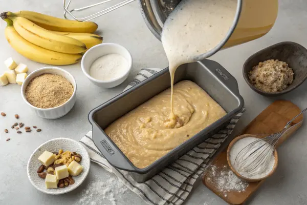 Banana bread batter being added to a bread machine