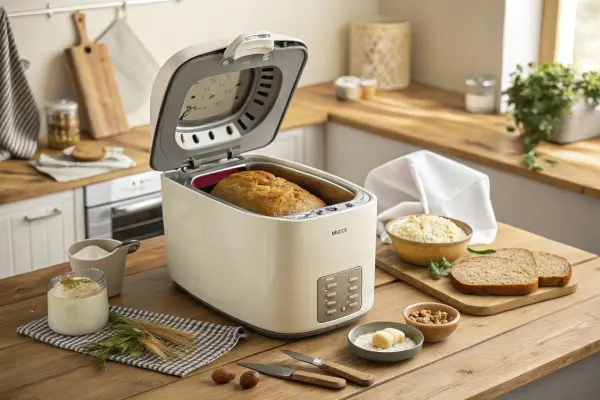 Banana bread baking in a bread machine with lid open