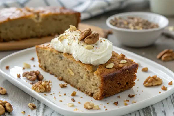 Healthy slice of banana bread with cream cheese topping