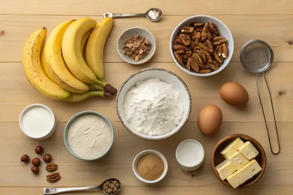 Ingredients for banana nut bread neatly arranged on a wooden countertop.