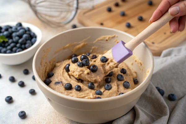 Mixing blueberry lentil bread batter with blueberries folded in