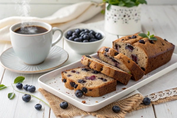 Sliced blueberry lentil bread served with coffee and fresh blueberries