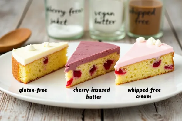 Cherry chip cake slices in gluten-free, vegan, and sugar-free variations.