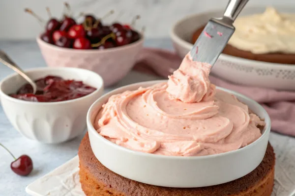 Cherry-infused cream cheese frosting being spread on a cake