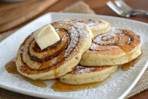 Cinnamon swirl pancakes with butter and powdered sugar