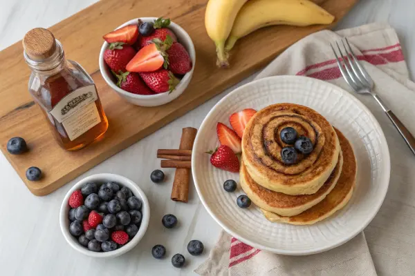 Breakfast table with cinnamon swirl pancakes, syrup, and fruit