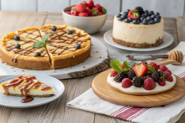 Creative sourdough discard desserts like cheesecake with sourdough crust, dessert pizza, and caramel waffles