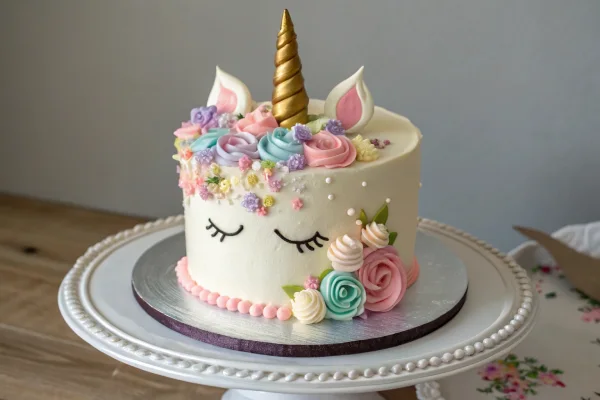 Elegant unicorn cake with floral decorations and edible pearls