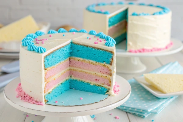 Gender reveal cake slice with blue filling