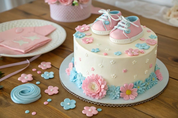 Gender reveal cake with fondant baby shoes and flowers.