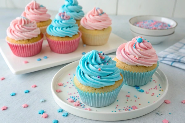 Gender reveal cupcakes with pink and blue filling