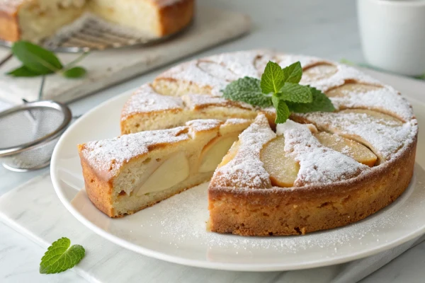 Invisible Pear Cake variation garnished with powdered sugar.