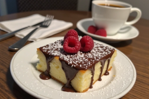 A slice of kefir sheet cake with chocolate glaze and raspberries.