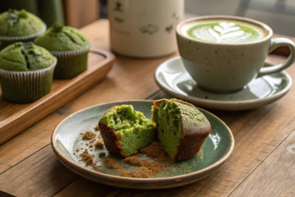 Matcha muffin served with a warm matcha latte