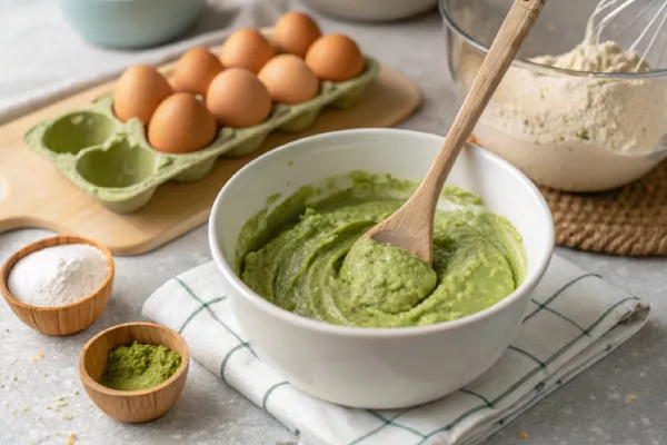 Mixing matcha muffin batter with a wooden spoon