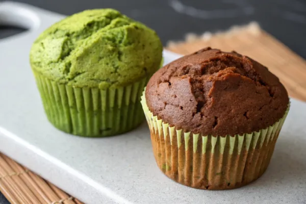 Comparison of bright green and brown matcha muffins