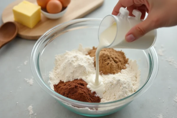 Mixing milk and ingredients for chocolate bun dough.