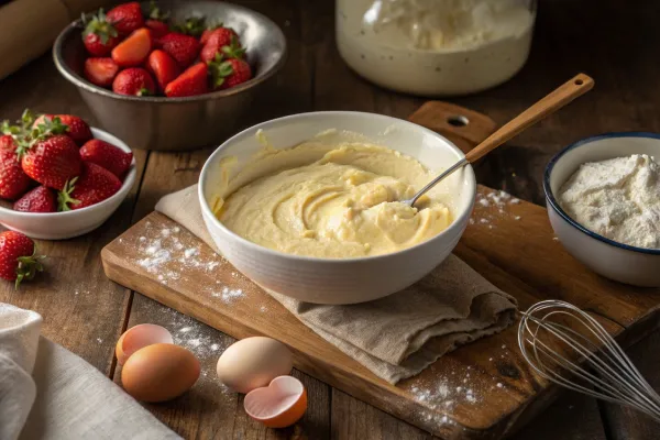 Strawberry Earthquake Cake batter being mixed with fresh ingredients.