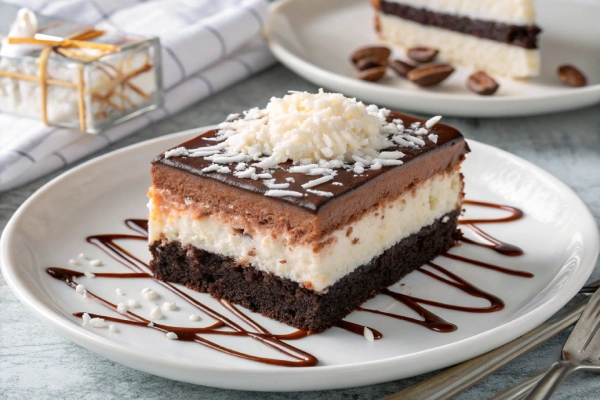 A slice of Mounds Bar Cake with distinct chocolate and coconut layers.