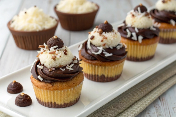 Mounds-inspired cupcakes topped with coconut and chocolate ganache.