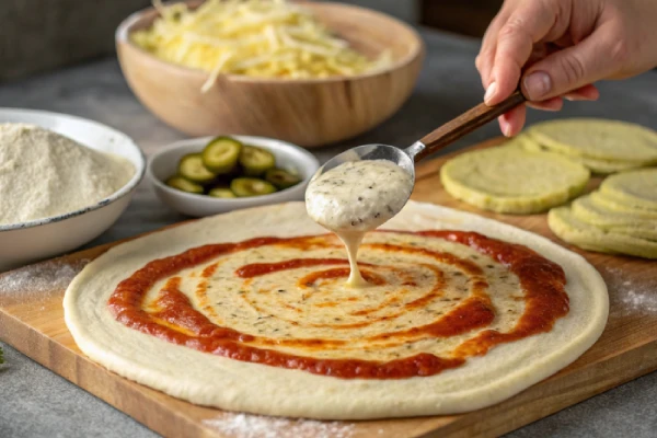 Spreading garlic sauce on homemade pizza dough for pickle pie pizza