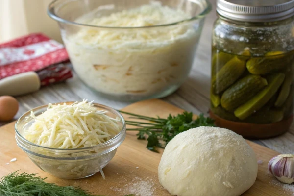 Fresh ingredients for making pickle pie pizza, including cheese, pickles, and dough